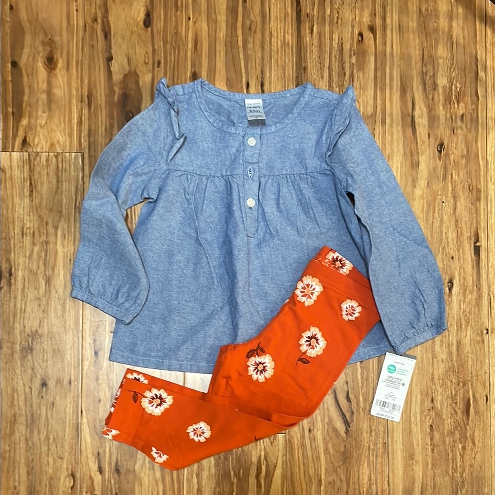Carters Blue Long Sleeve Top with Orange Floral Leggings